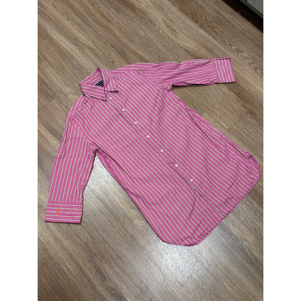 Ralph Lauren Sport Pink Striped Button Down Shirt 3/4 Sleeve Mens 10